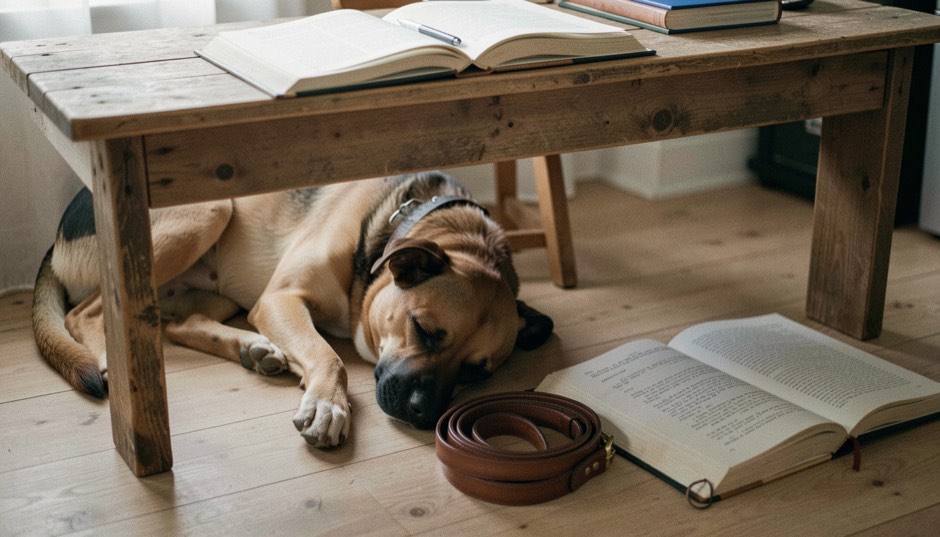 A short coated fawn dog with a black muzzle sleeps under a plank desk where an open state code volume and a coiled leather leash sit