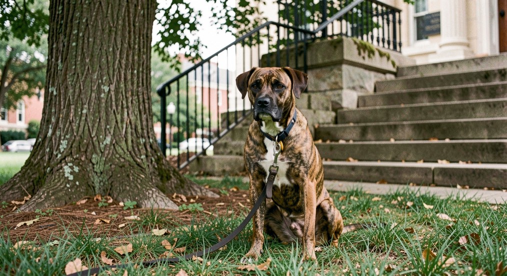 A short coated brindle dog of medium build sits on a courthouse lawn in the shade of a live oak, leash slack, stone steps and an iron rail behind it