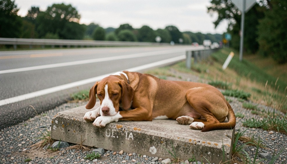 A brown short haired dog with a white blaze and long floppy ears lies across a weathered concrete state line marker beside a two lane highway