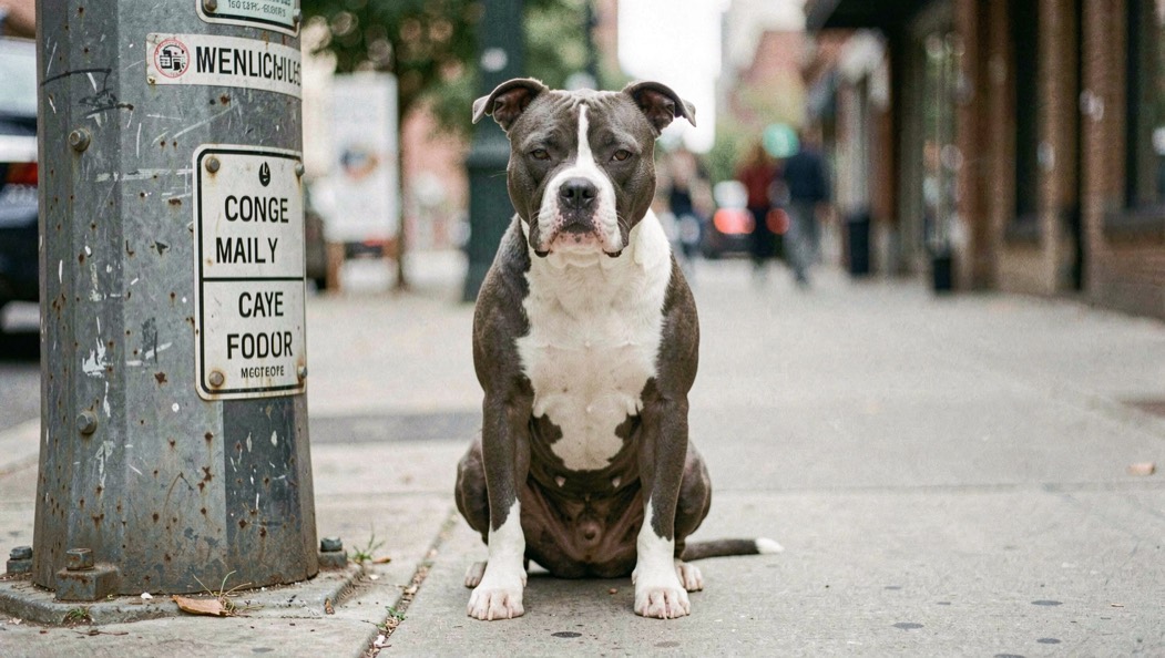 A muscular gray and white short coated dog with a wide skull and small rose ears sits squarely on a city sidewalk beside a municipal sign post