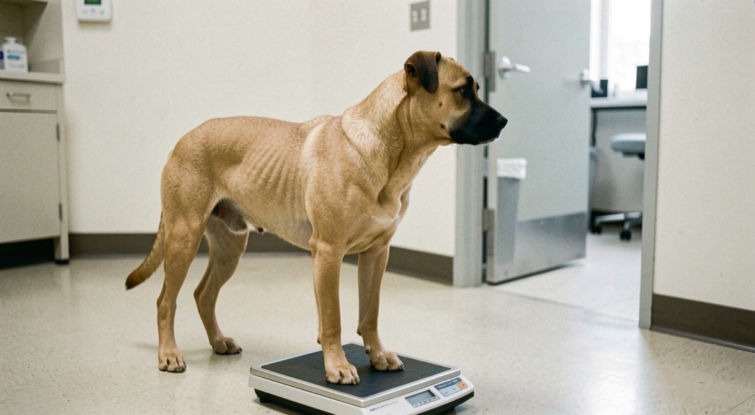 A short coated tan dog with a black muzzle stands still on a clinic floor scale, ribs faintly visible, head turned toward an open exam room door