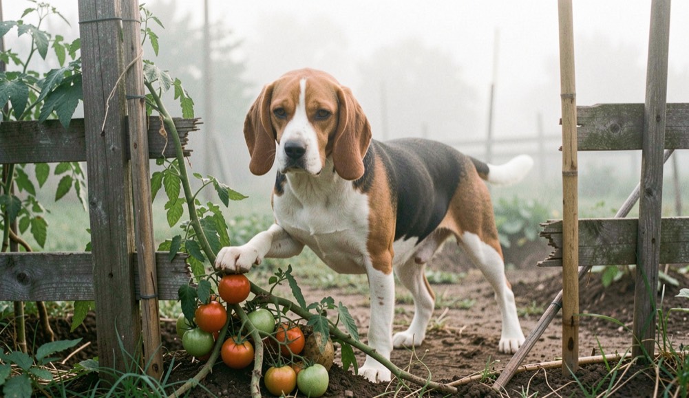 A tricolor beagle with long soft ears stands in a torn gap of a garden fence, one paw on trampled tomato plants, morning haze over the yard