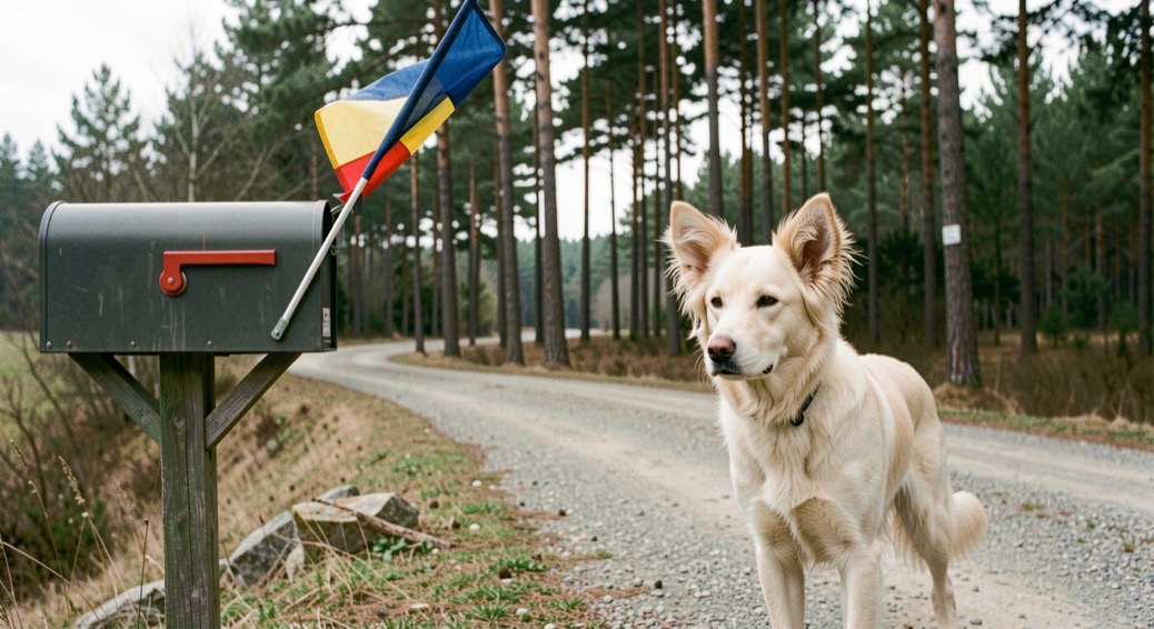 A cream colored dog with feathered ears waits beside a rural mailbox on a gravel drive, the flag raised, tall pines along the road