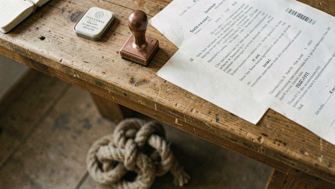 A copper date stamp and an inked pad on a plank desk beside a printed page, a knotted rope toy on the floor below