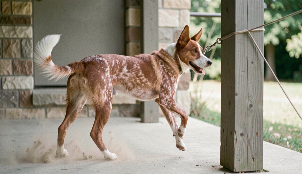 A red mottled heeler with pricked ears and a white tipped tail carried high leans to the end of a taut lead clipped to a porch post, dust rising