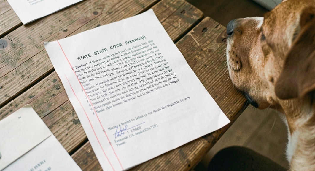 A marked up printout of a state code section on a plank table, red pencil lines down the margin, a dog chin resting at the table edge