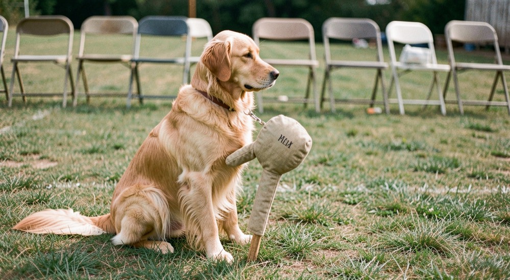 A golden coated retriever with heavily feathered legs sits at heel on a mown field holding a canvas training dummy, empty folding chairs behind the line