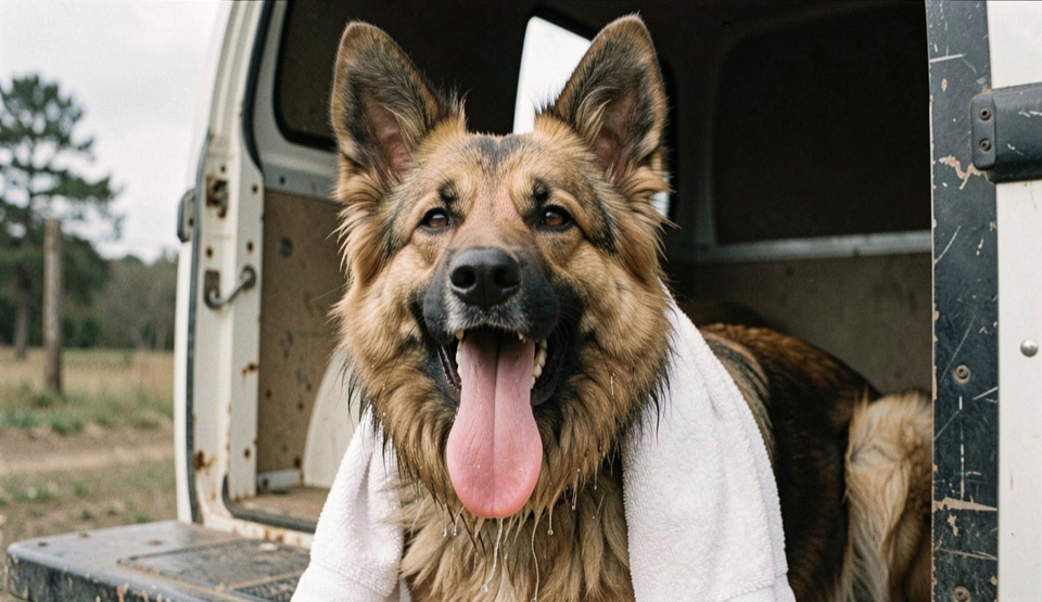 A heavy coated shepherd type dog with erect ears pants hard in the shade of an open truck bed, tongue wide, a wet towel draped over its shoulders