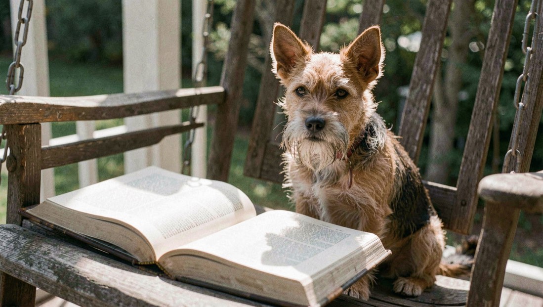 A small wiry terrier with a bearded muzzle and upright ears sits beside an open book on a porch swing, afternoon light across the pages