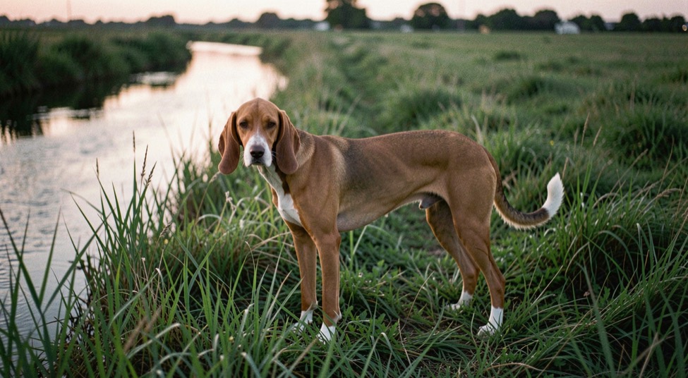 A lean hound with a white tipped tail and long hanging ears stands in tall wet grass at the edge of a delta drainage ditch at dusk