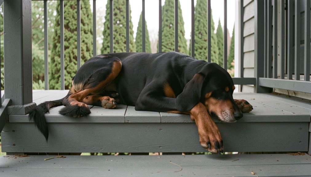 A tall black and tan coonhound with long low hanging ears rests on the gray painted boards of a shaded porch, muzzle on the top step, cypress trees beyond the rail