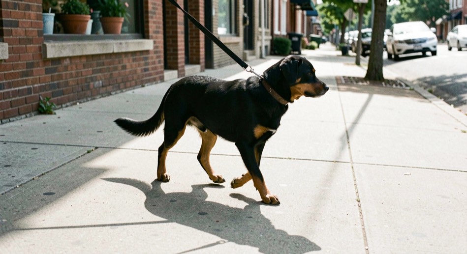 A leggy black dog with tan points trots along a small town sidewalk on a long leash, its shadow sharp on the concrete at midday