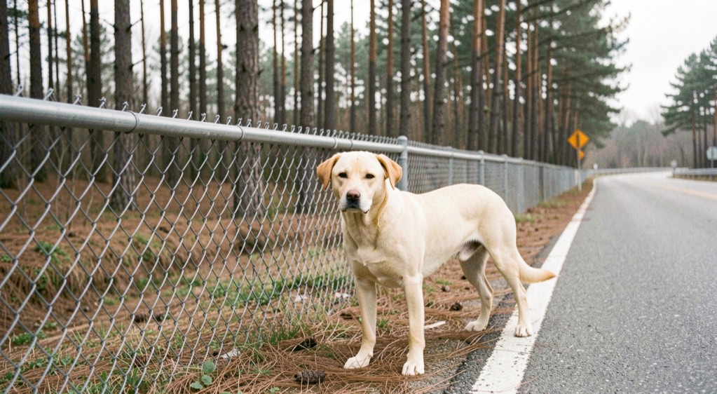 A yellow mixed breed dog with a broad head and folded ears stands at a chain link fence line beside a county road, tail low, thin pine woods behind