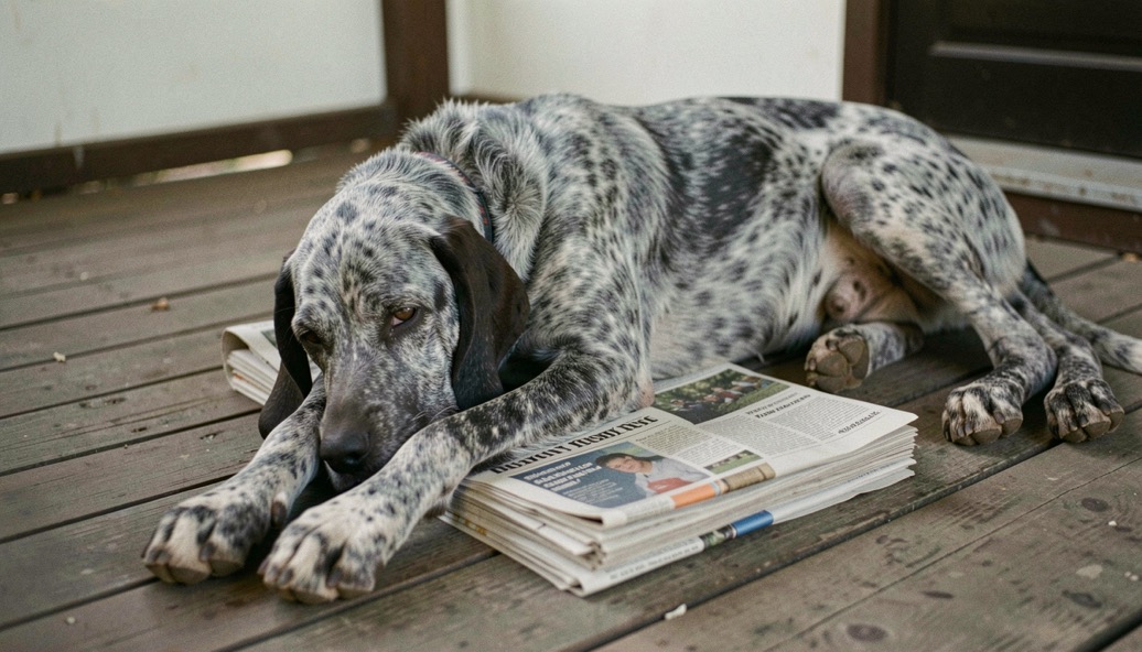 A speckled blue tick hound with a heavy dewlap and long ears lies across a stack of folded county newspapers on worn porch floorboards