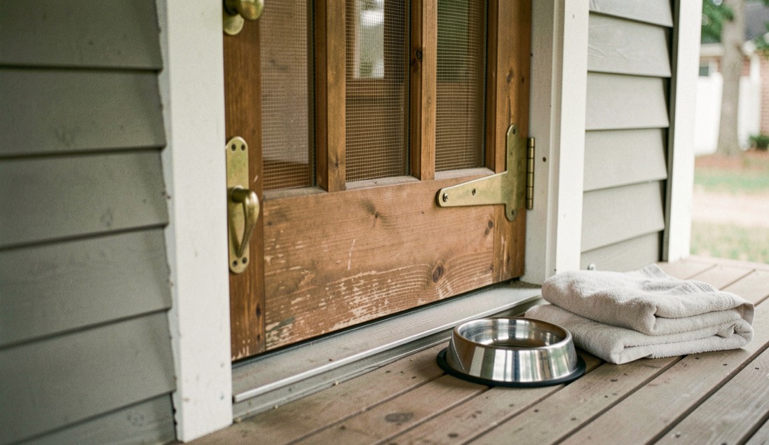 A closed wooden screen door with a brass latch on a shaded porch, a stainless dog bowl and a folded towel on the boards beside it