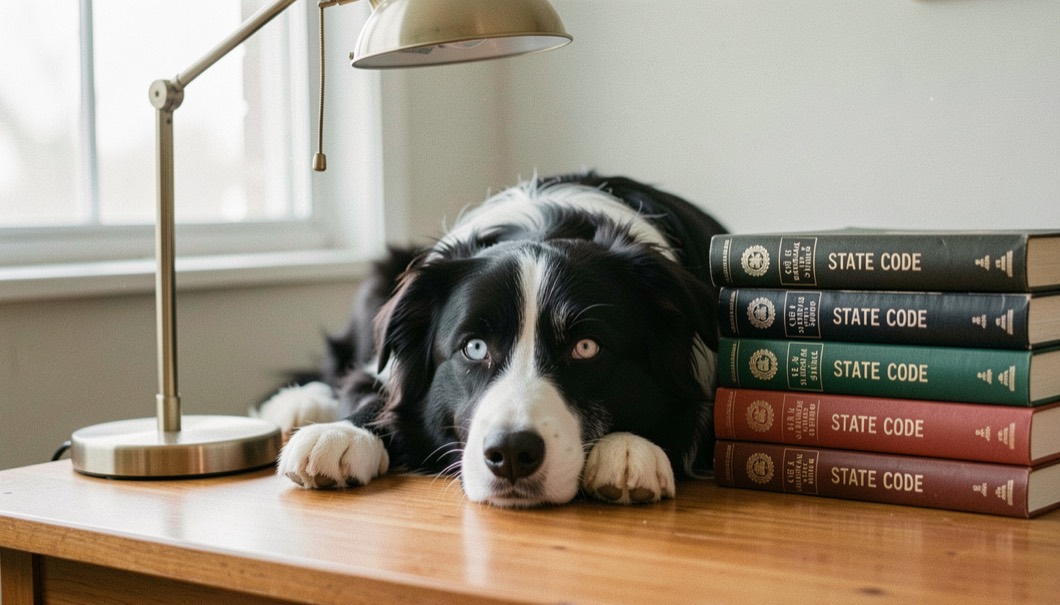 A black and white border collie type dog with one pale blue eye lies under a reading lamp beside a stack of state code volumes on a wooden desk