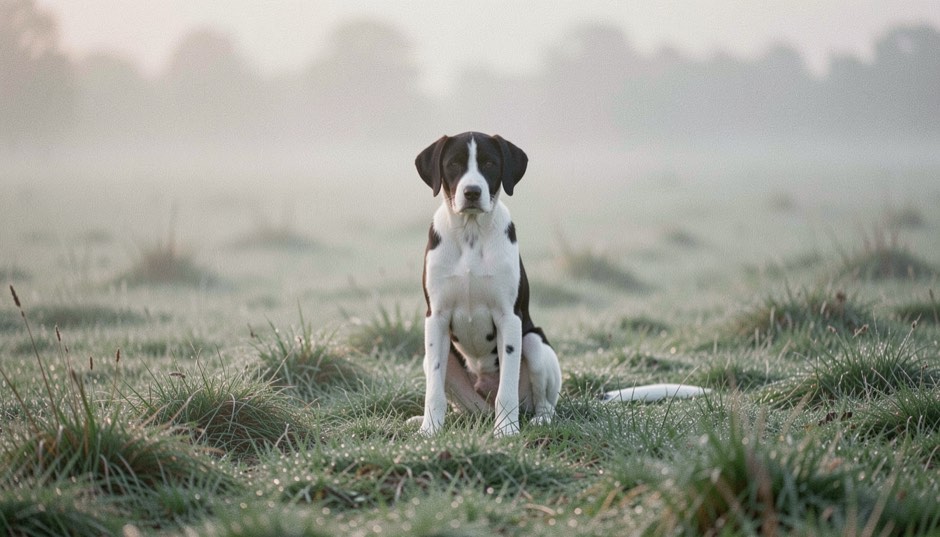 A young black and white pointer with a long white tipped tail sits in dew wet grass at first light, eyes fixed forward, mist lying low over the field